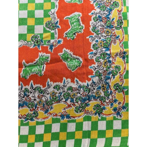 Vintage Green & Orange Checkerboard Dog Print Silk Scarf 22-Inch Square With Flo - Picture 3 of 5